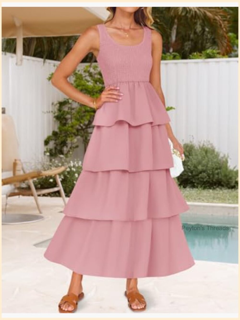 Sleeveless Midi Dress Scoop Neck Ruffle Tiered Swing Beach Vacation Dress - Picture 3 of 7